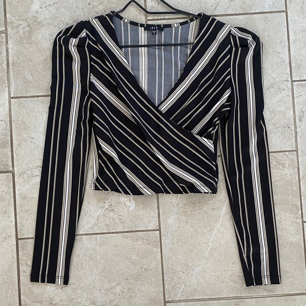 Iris Black White Tan Stripe Crop Wrap Top